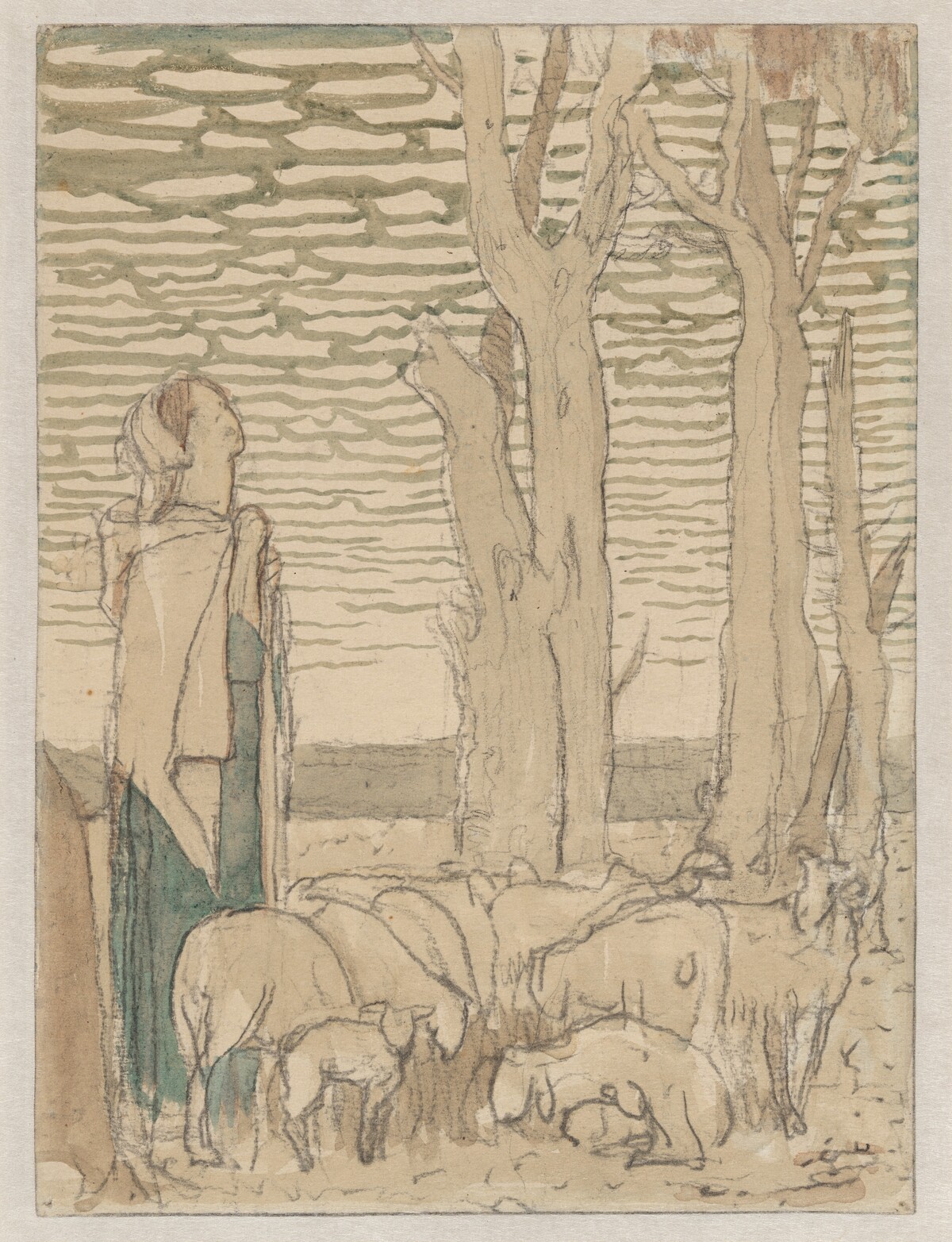 Study for "Rachel Came with Her Father's Sheep" (recto);  The Death of Rachel (verso) by Frederic Cayley Robinson