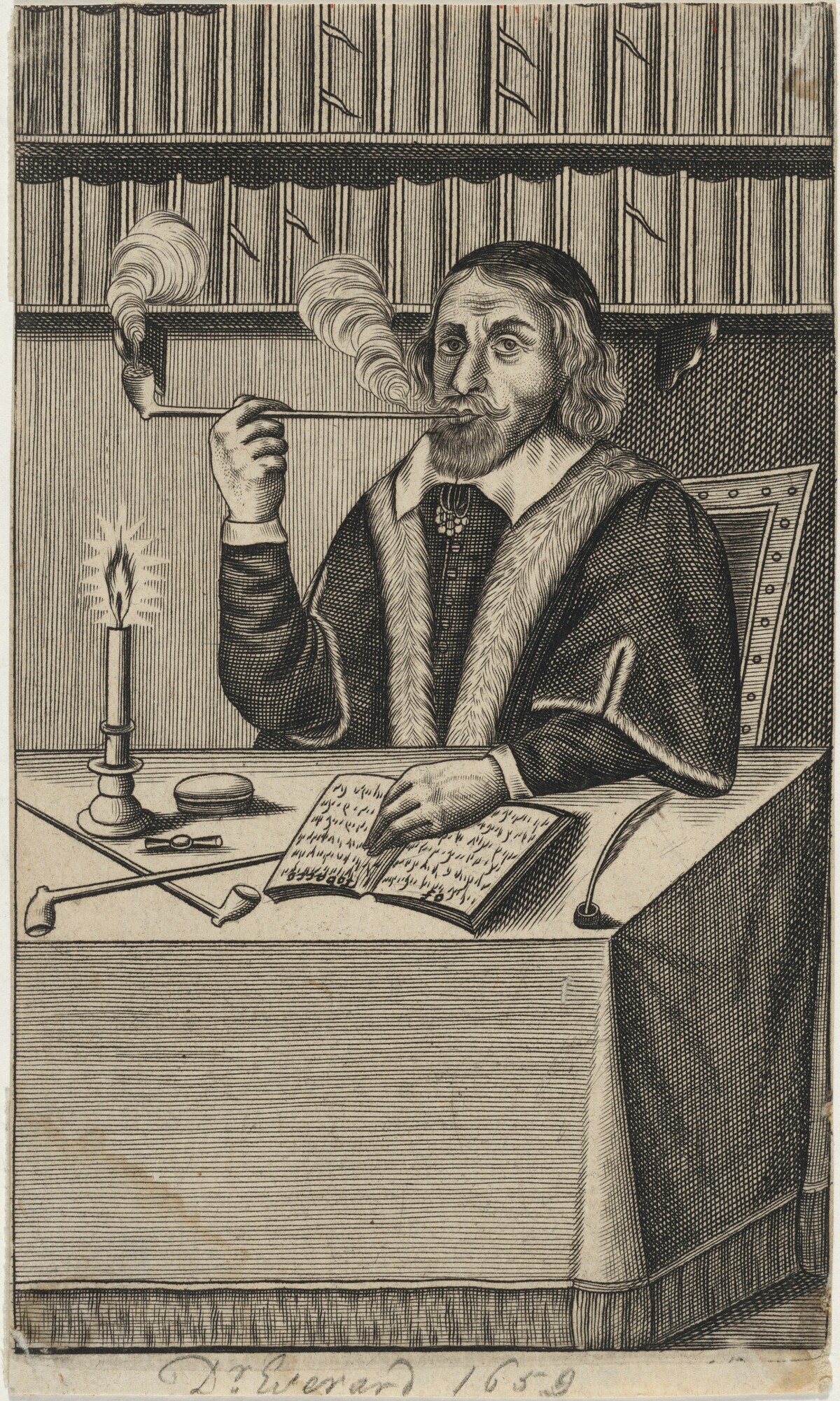 Dr. Giles Everard Seated at a Table Smoking aPipe by Unknown Artist