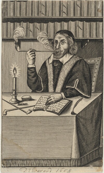Dr. Giles Everard Seated at a Table Smoking aPipe