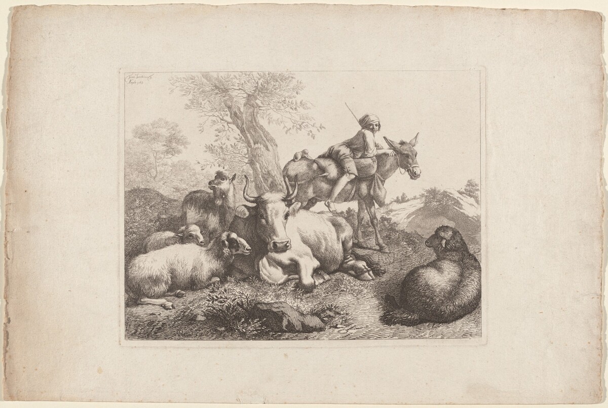 Boy on a Donkey Watching over a Group of Animals by Francesco Londonio