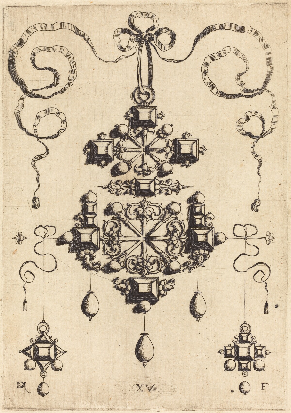 Pendant with Two Double Crosses, Surrounded by Four Diamond-Shaped Stones, Five Table-Stones, and Thirteen Pearls by Daniel Mignot