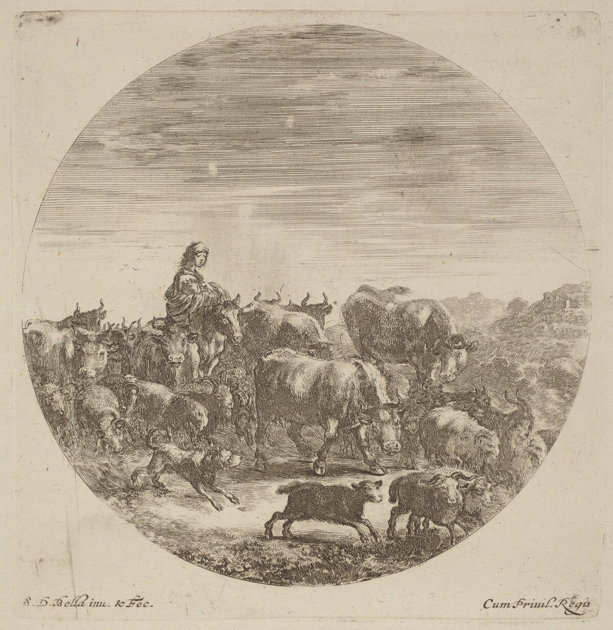 Peasant Seated on a Horse with Cows, Sheep, and Goats by Stefano Della Bella