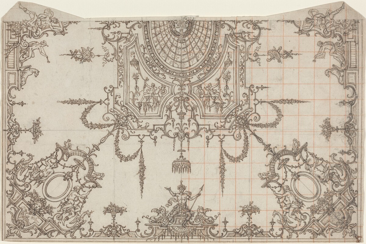 An Elaborate Ceiling with Trellises and Seated Figures by Jean Bérain