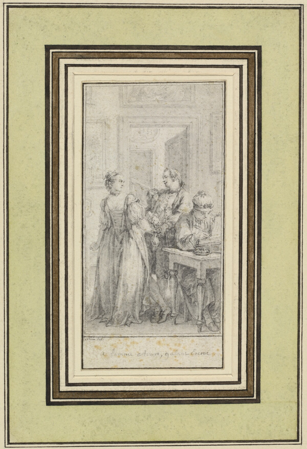 Eighth Day, First Story, Madonna Ambruogia Gives Her Husband the Two Hundred Florins She Was Given by Gulfardo in Payment for Her Favors by Charles-Nicolas Cochin II