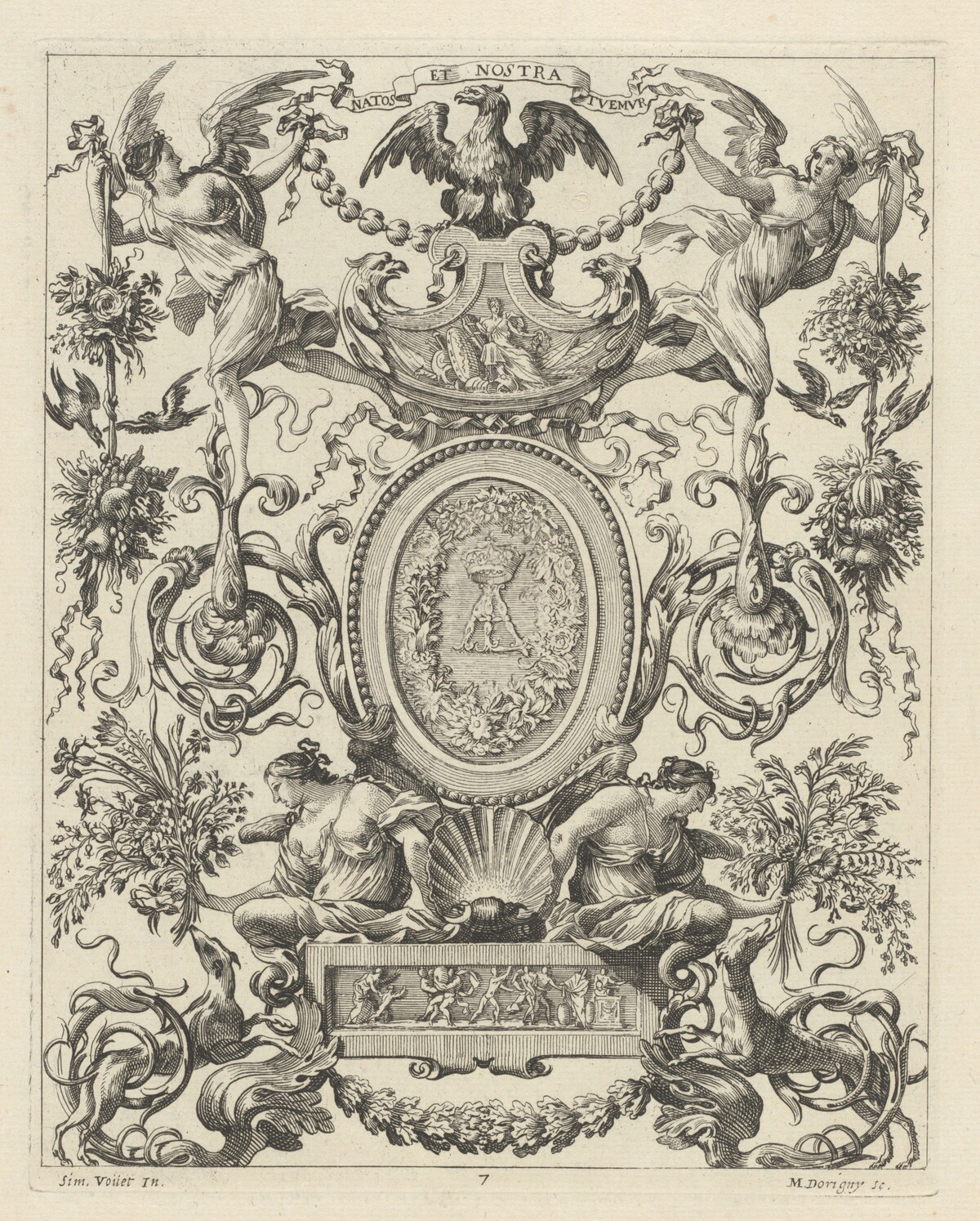 Ornamental Panel Surmounted by an Eagle and the Motto NATOS ET NOSTRA TUEMUR by Michel Dorigny, after Simon Vouet