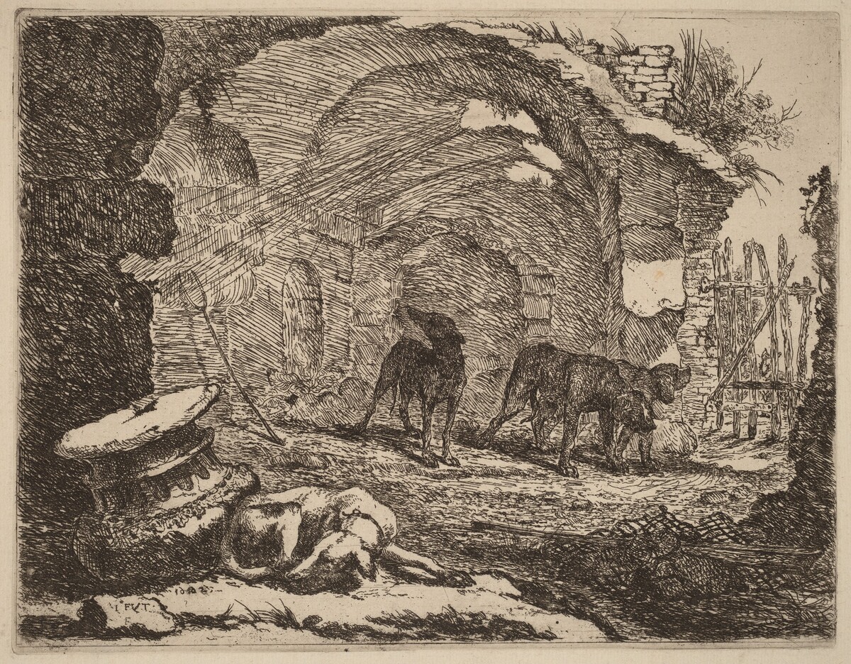 Four Dogs, One Sleeping beside a Capital by Jan Fyt
