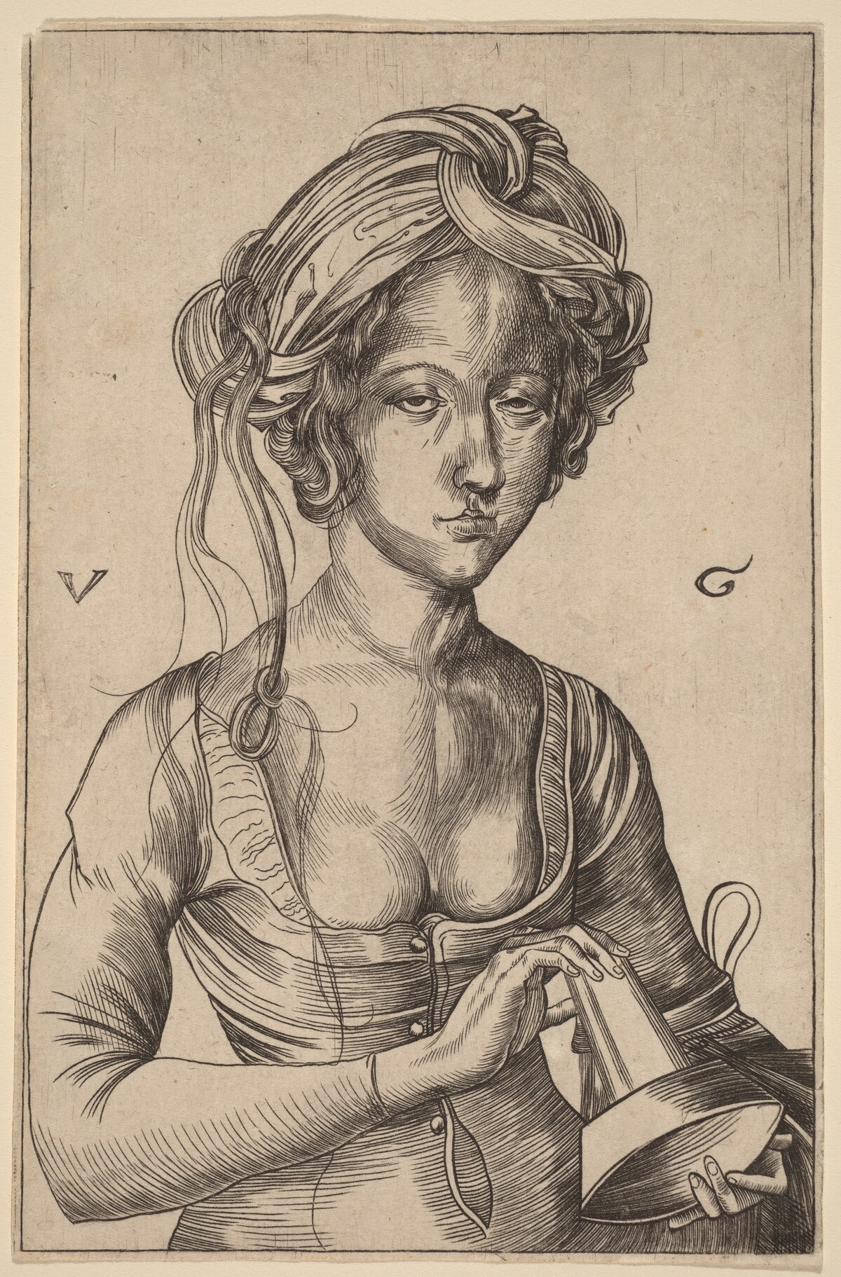 A Bust Figure of a Foolish Virgin  Holding Her Inverted Lamp by Urs Graf I after Martin Schongauer