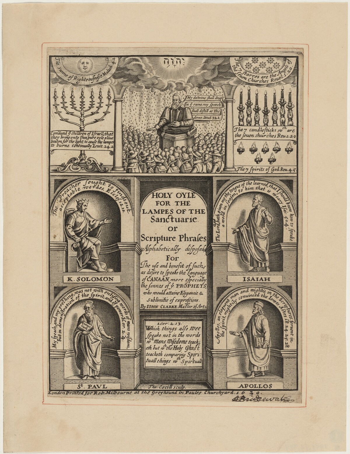 Title Page for Holy Oyle for the Lampes of the Sanctuarie, John Clarke by Thomas Cecil