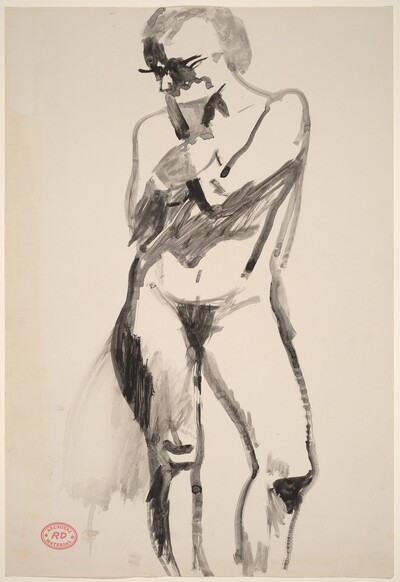 Untitled [standing female nude with left hand raised to chin]