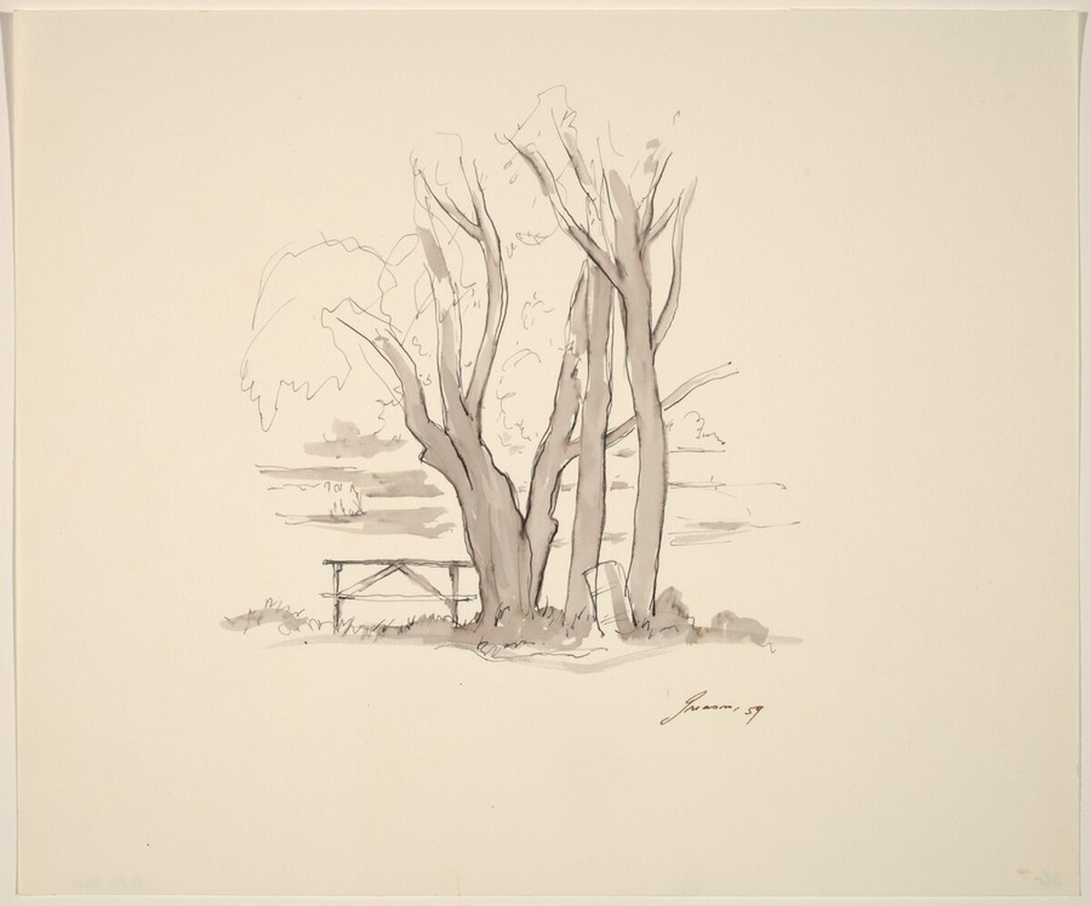 Trees, Picnic Table, Trash Can by Donald Carlisle Greason