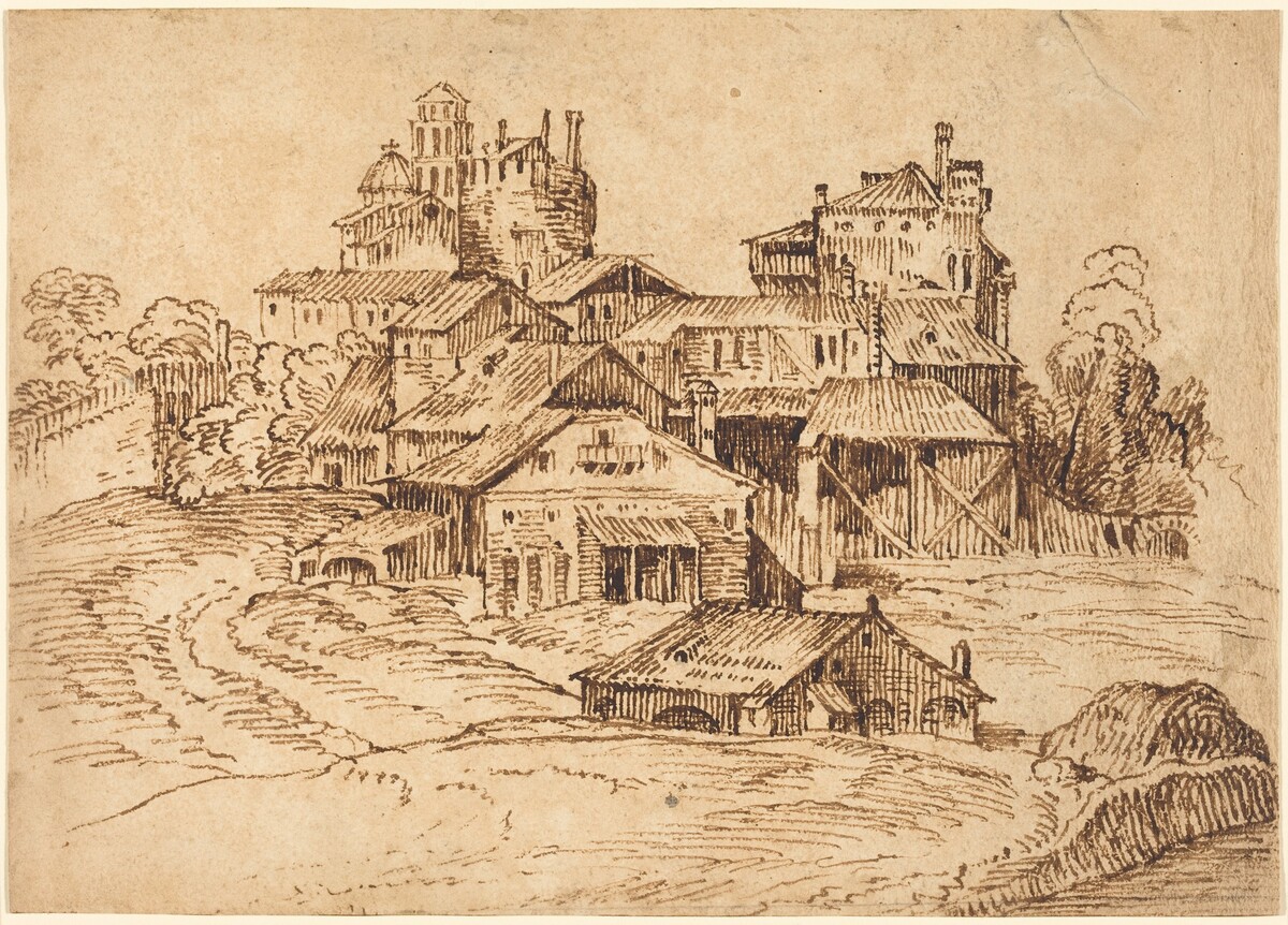 View of an Italian Town (after Titian or Domenico Campagnola) by Bolognese 17th Century