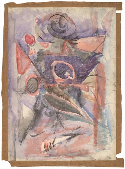 Abstract Composition in Purple, Blue, Pink, Black, and Gray
