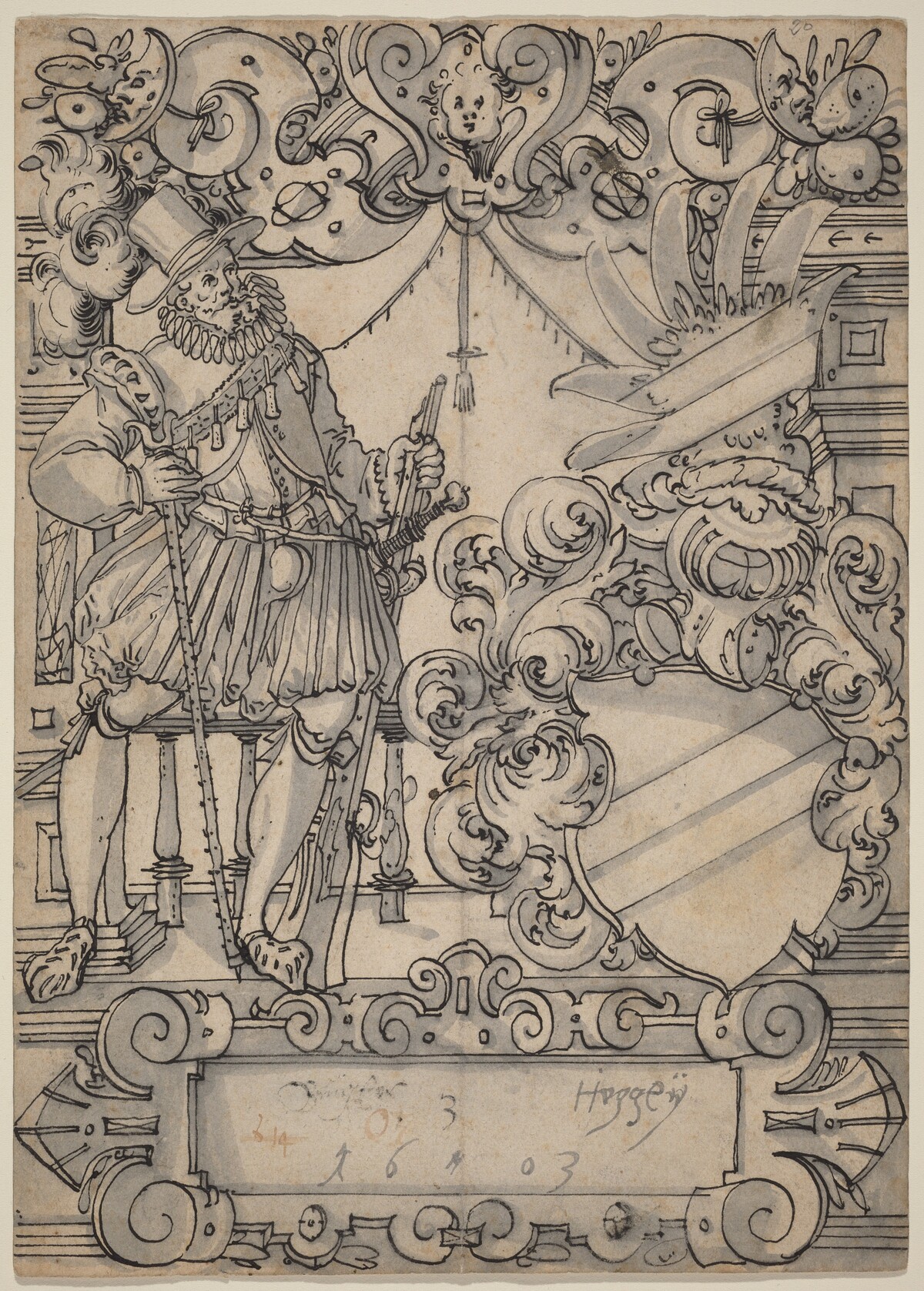 A Donor with a Coat of Arms (Schildbegleiter und Wappenschild mit Schrägbalken) by Hans Jegli II