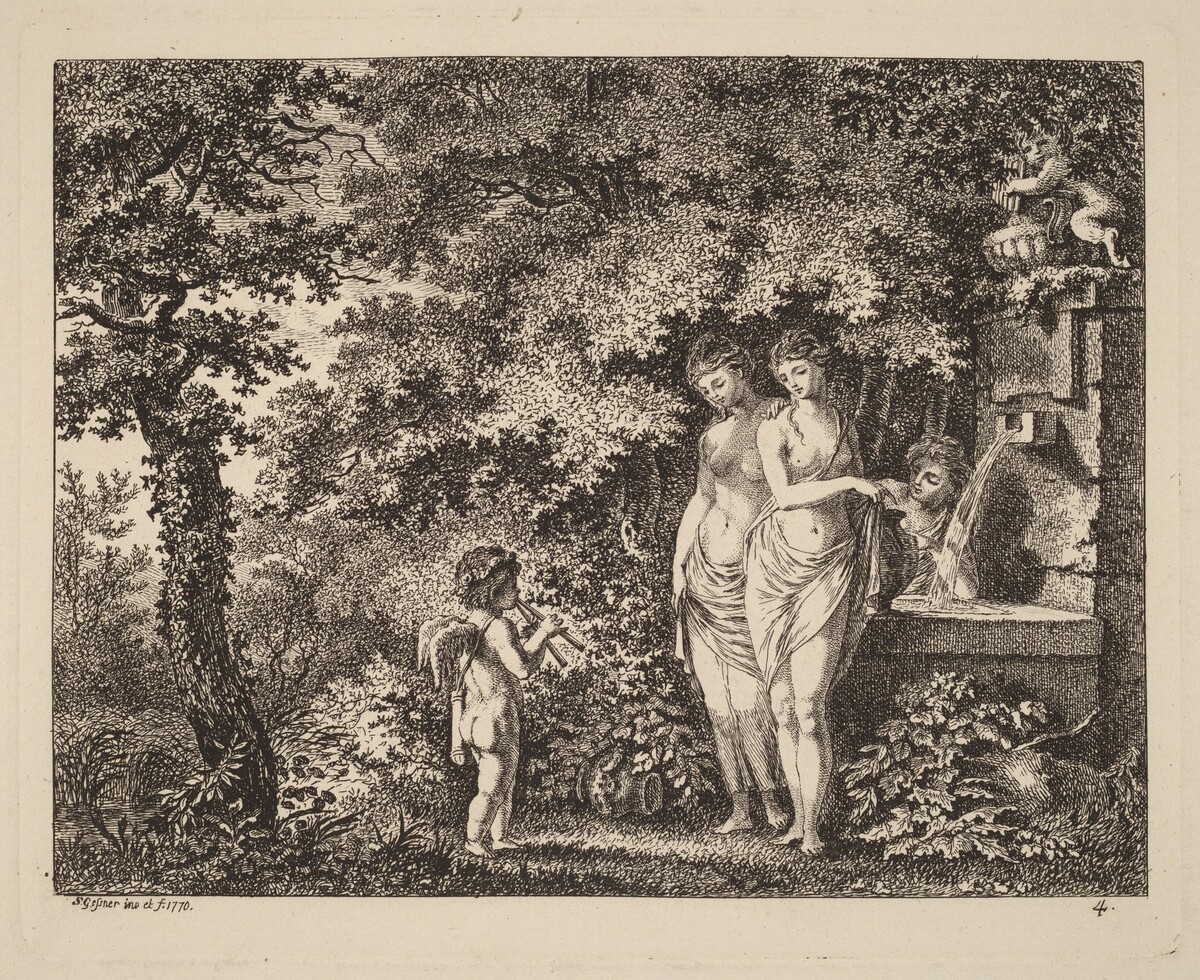 Eros with Three Girls at a Fountain by Salomon Gessner