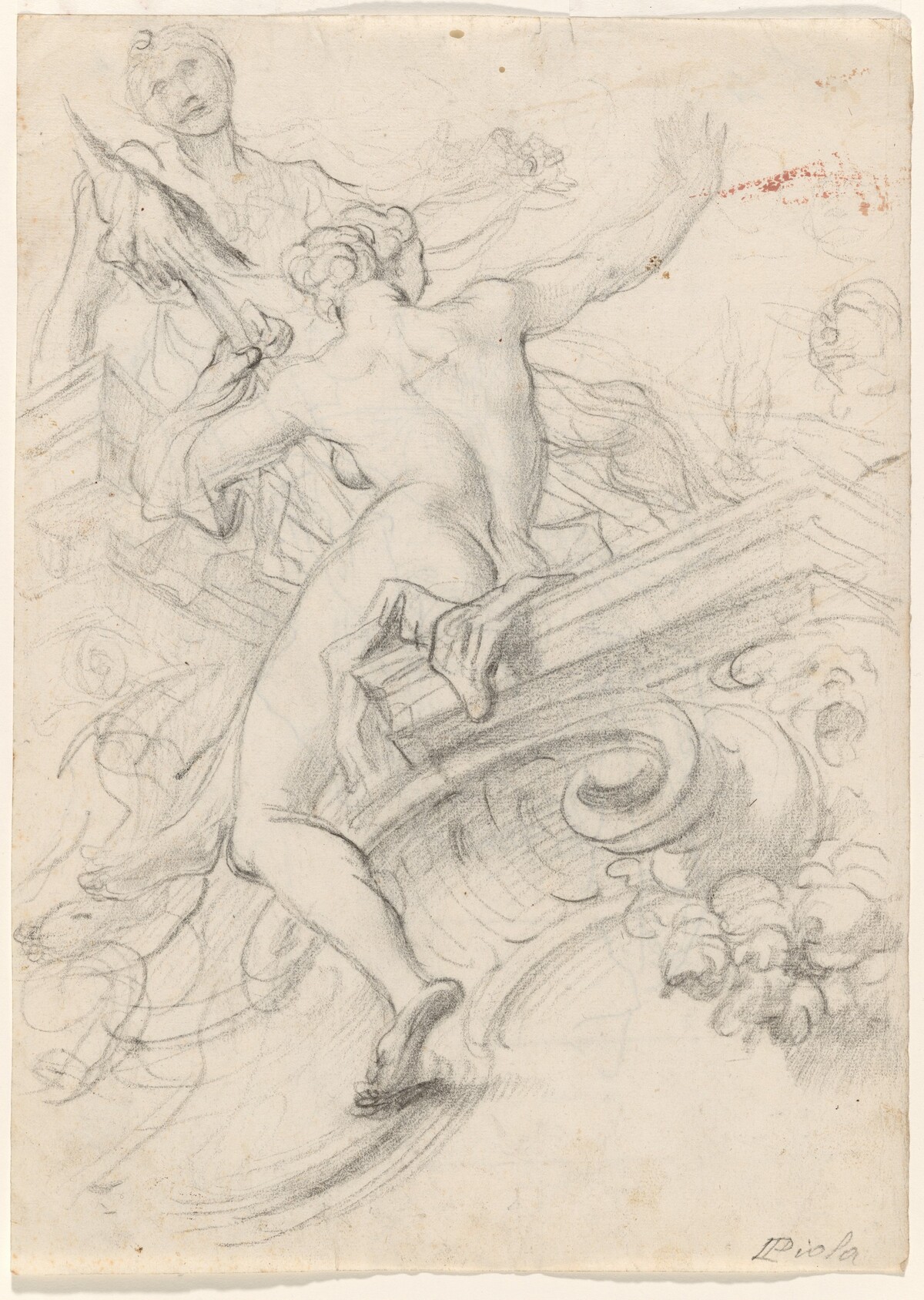 A Female Figure Seated on an Entablature, Holding a Distaff by Lorenzo De Ferrari