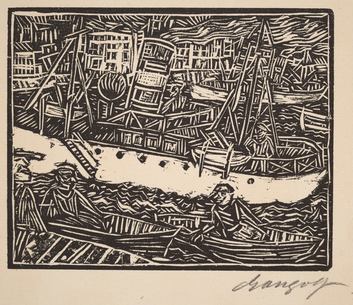Marseille, Steamship in the Harbor (Marseille, Dampfer im Hafen) by Paul Gangolf