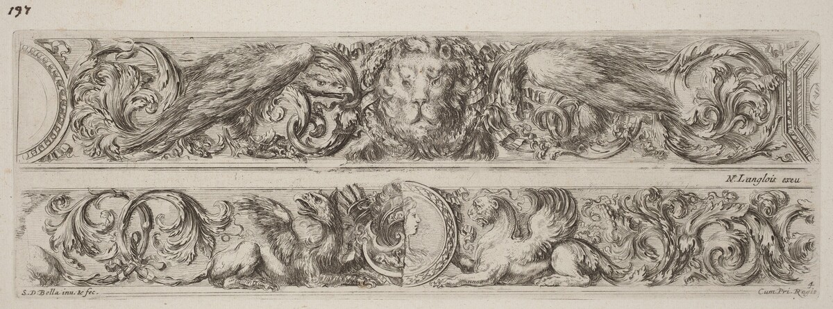 Two Ornamental Bands with Head of a Lion and Woman by Stefano Della Bella