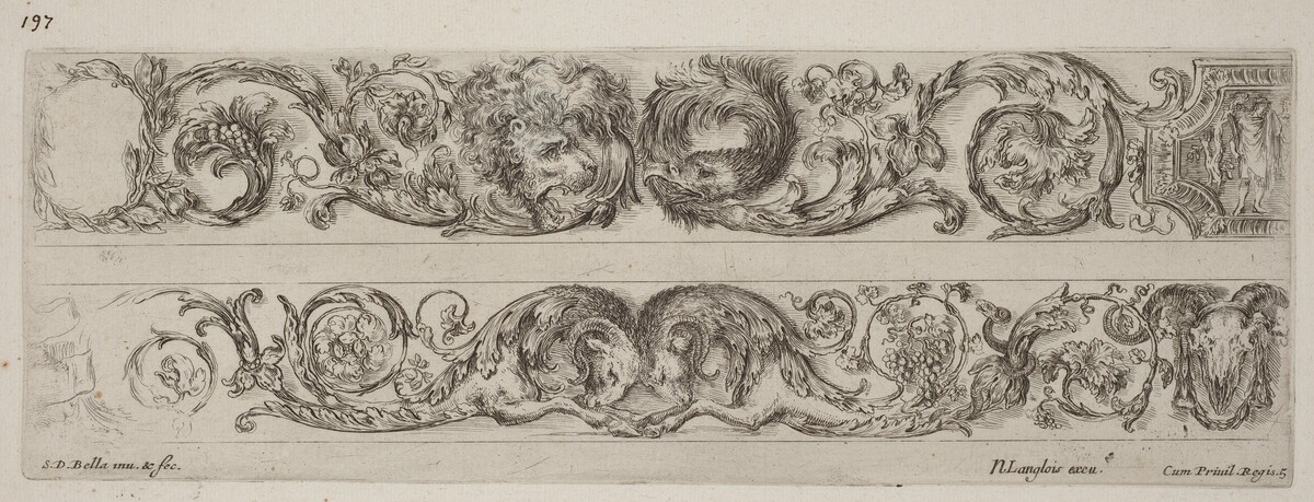 Two Ornamental Bands with Facing Heads of Lion and Eagle, and Two Rams by Stefano Della Bella