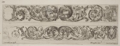 Two Ornamental Bands with Facing Heads of Lion and Eagle, and Two Rams