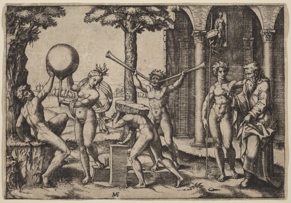 The Man with Two Trumpets by Marcantonio Raimondi
