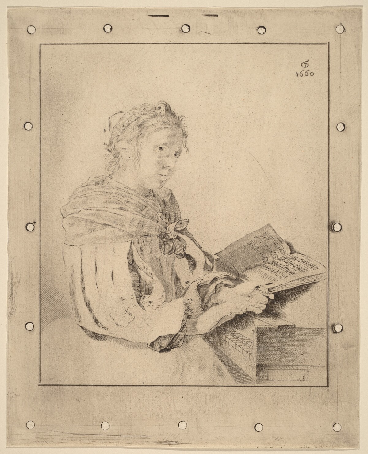 Young Girl at the Keyboard by Cornelis Ploos van Amstel (editor) and Johannes Kornlein (printmaker), after Jan de Bray (formerly Gerrit Dou)