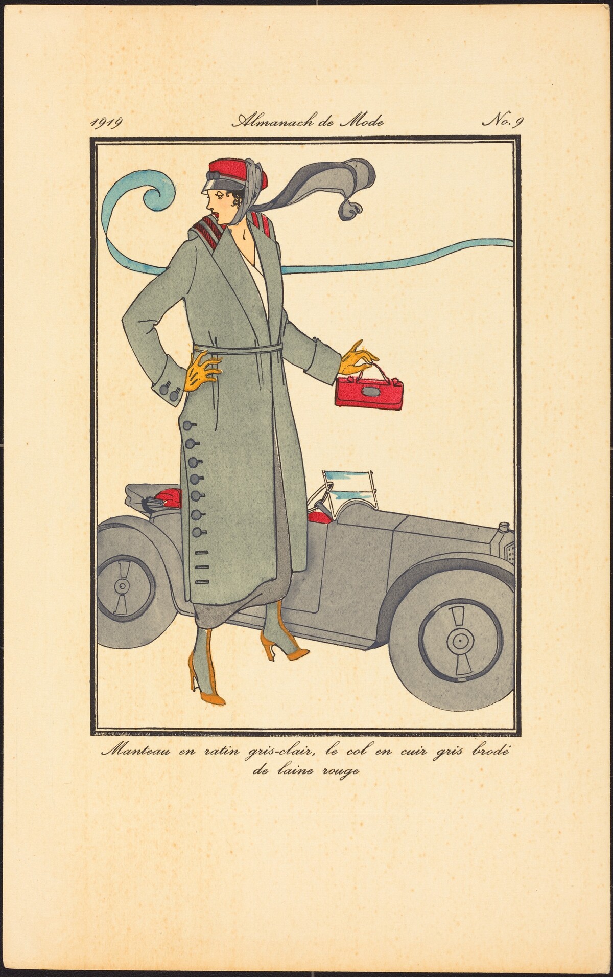 Manteau en ratin gris-clair, le col en cuir gris brodé de laine rouge by French 20th Century