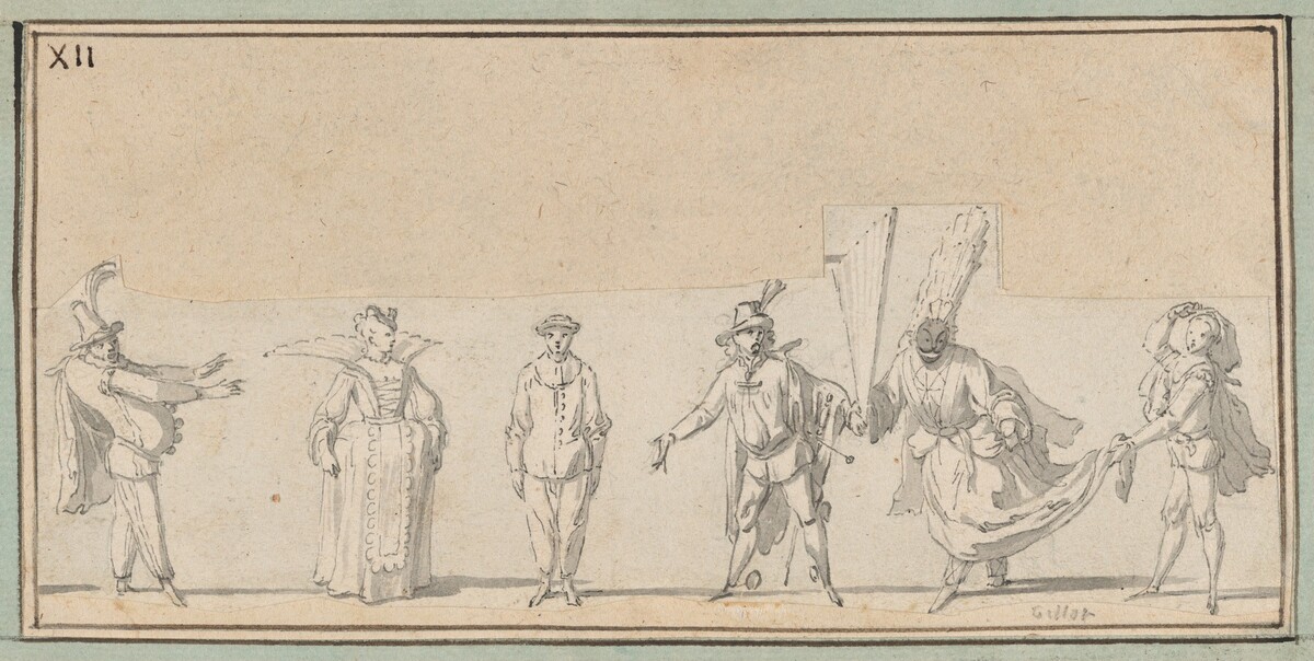 Six Studies of Commedia dell'Arte Actors: Polchinelle, Columbine, Pierrot, a Captain, Harlequin "en femme," and Scaramouche by Claude Gillot