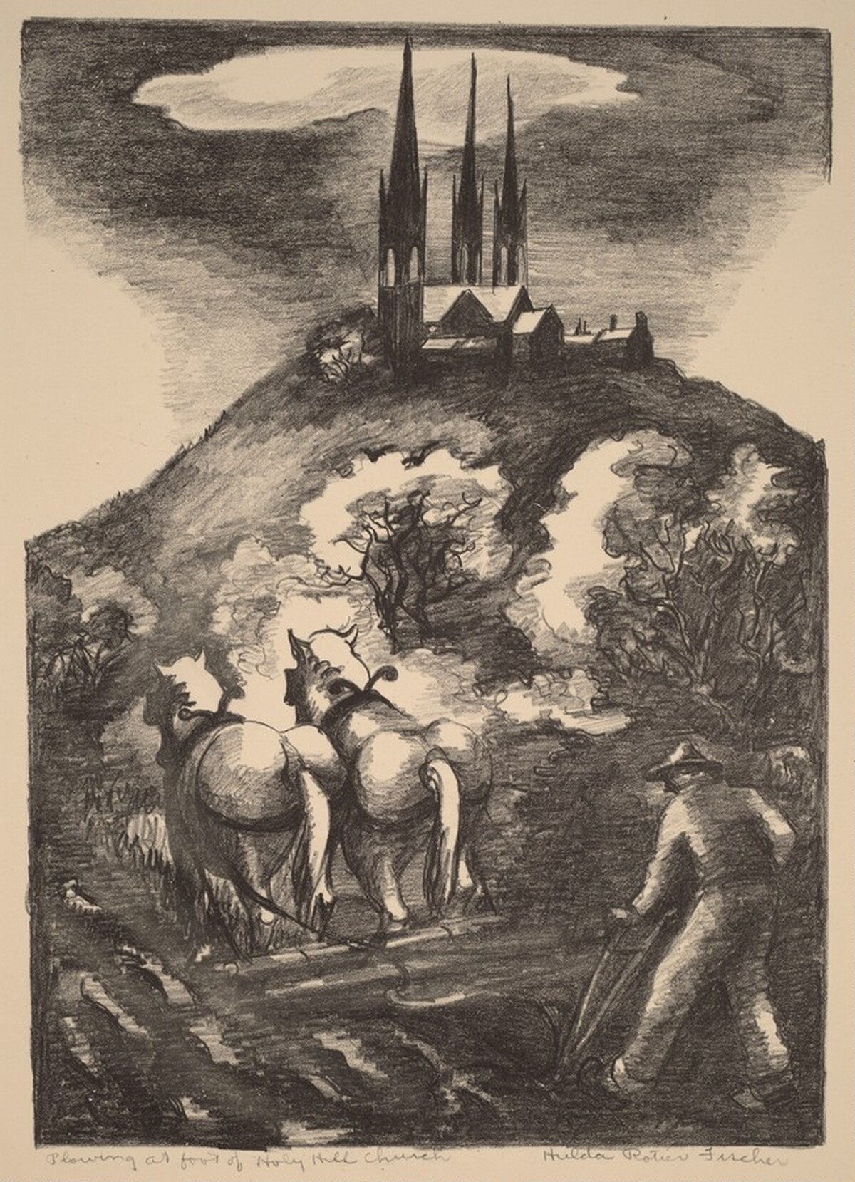 Plowing at Foot of Holy Hill Church by Hulda Rotier Fischer