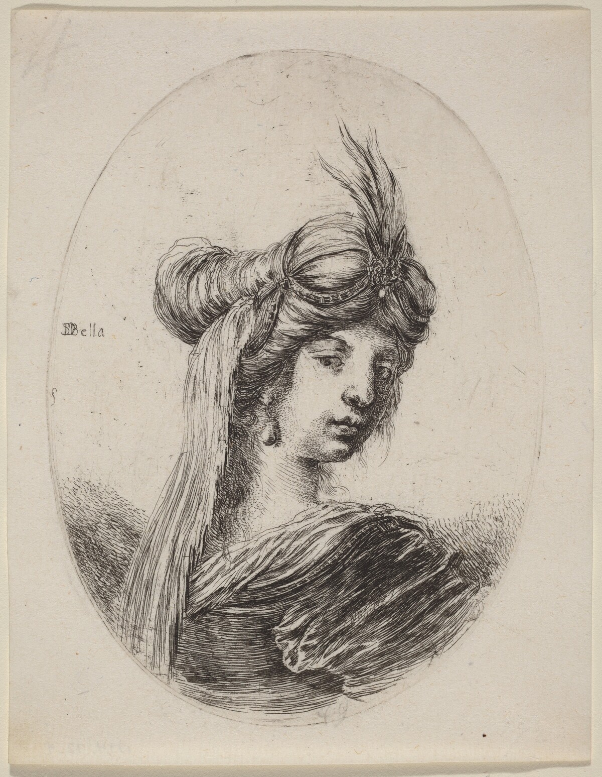Woman in a Feathered Turban with a Veil, Turned to the Right by Stefano Della Bella