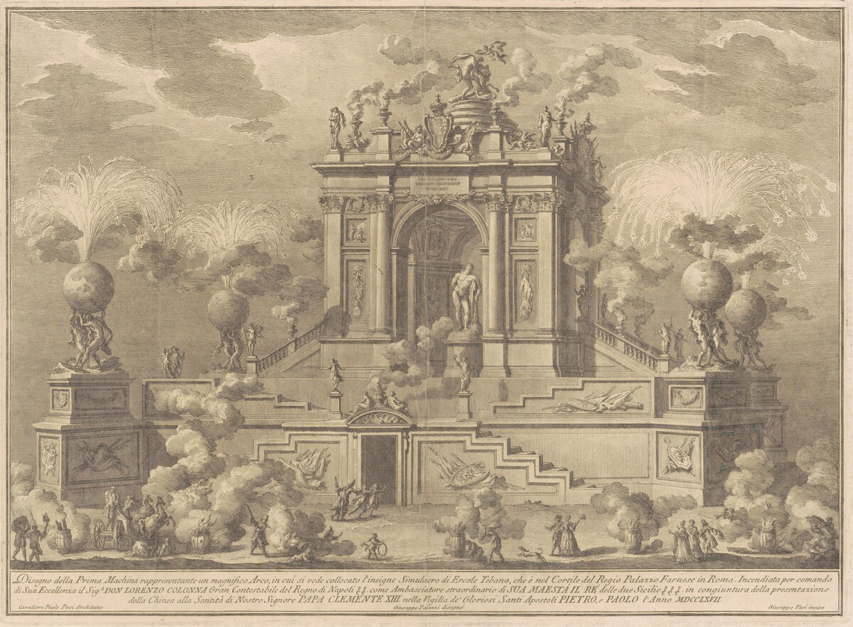 The Prima Macchina for the Chinea of 1767: A Triumphal Arch with the Farnese Hercules by Giuseppe Vasi, after Giuseppe Palazzi, after Paolo Posi