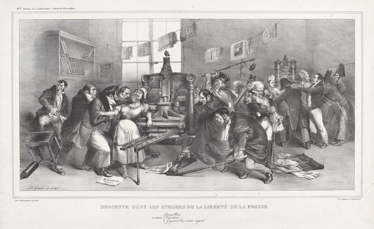 Descente dans les Ateliers de la Liberté de la presse (Raid on the Workshops of the Freedom of the Press) by Jean-Ignace-Isidore Grandville, and Auguste Desperet