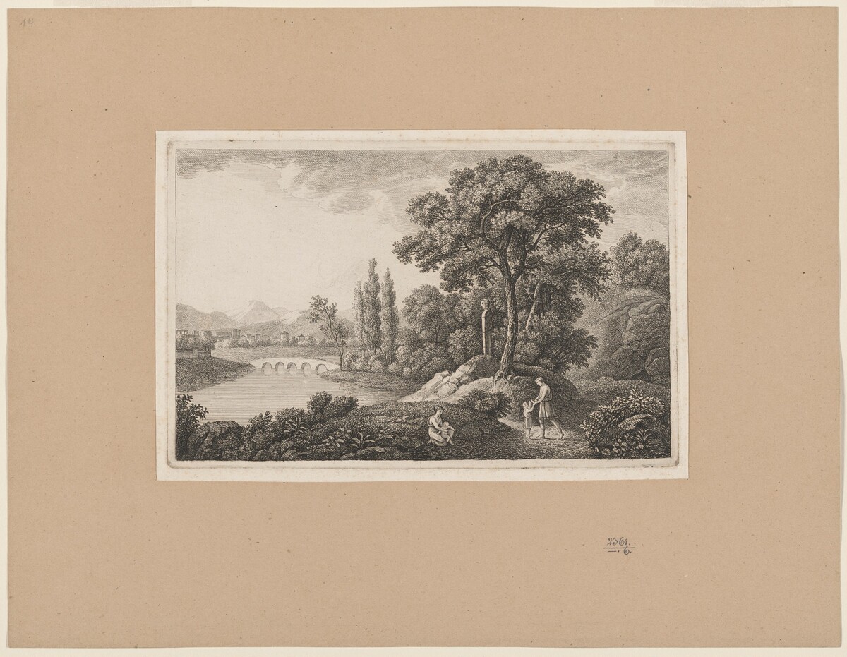Classical Landscape with a Family by a River by Monogrammist D
