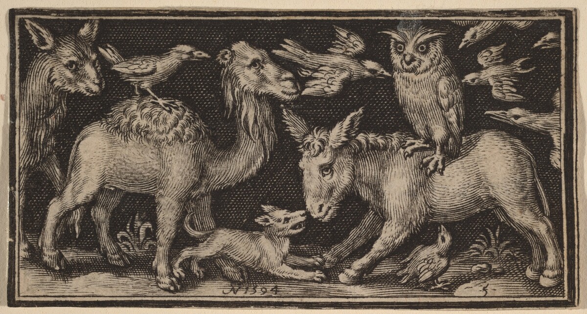 Owl on Back of Donkey, Bird on Back of Camel with Other Animals by Nicolaes de Bruyn