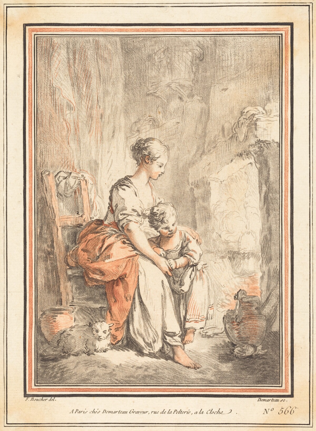 Woman and Child before a Fireplace by Gilles-Antoine Demarteau after François Boucher