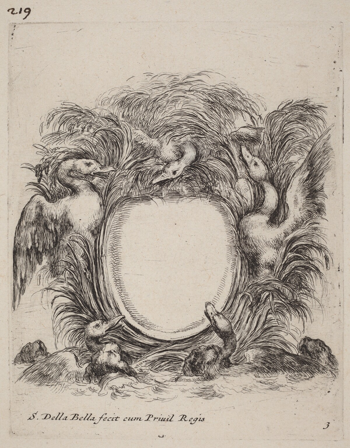 Cartouche with Ducks and Dogs by Stefano Della Bella