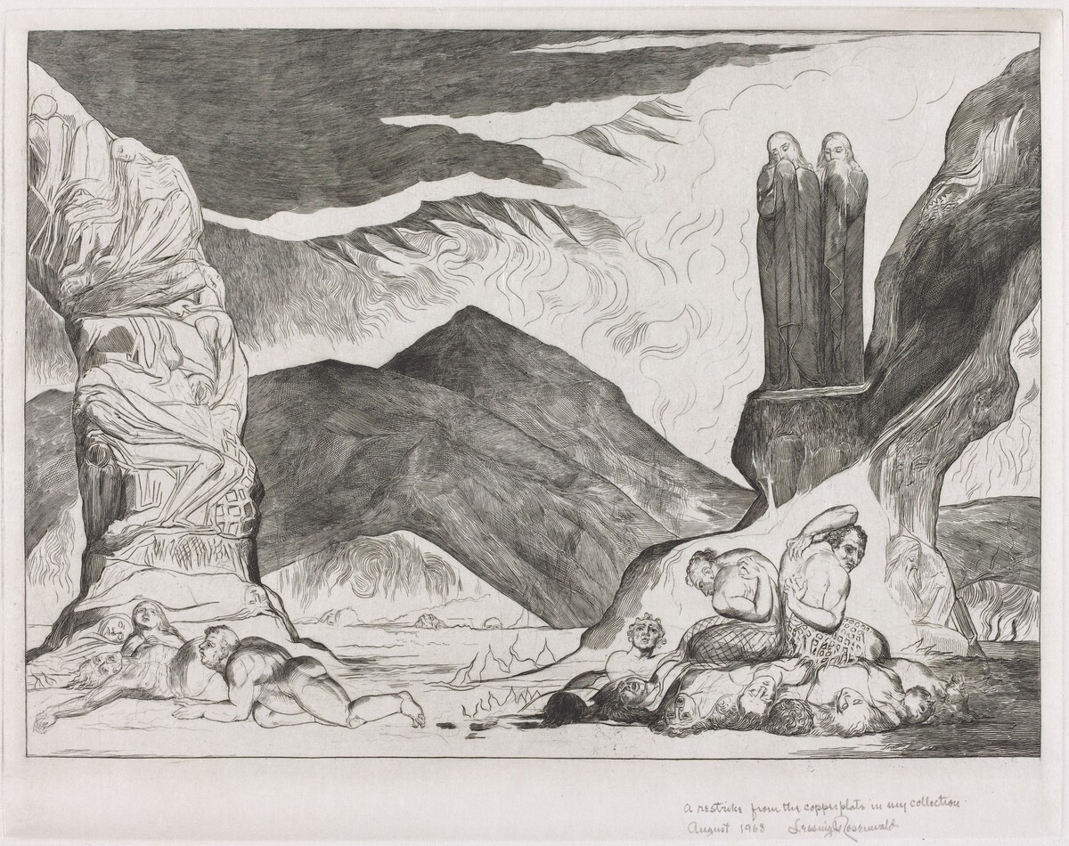 The Circle of the Falsifiers: Dante and Virgil Covering their Noses because of the stench by William Blake (artist); Harry Hoehn (printer)