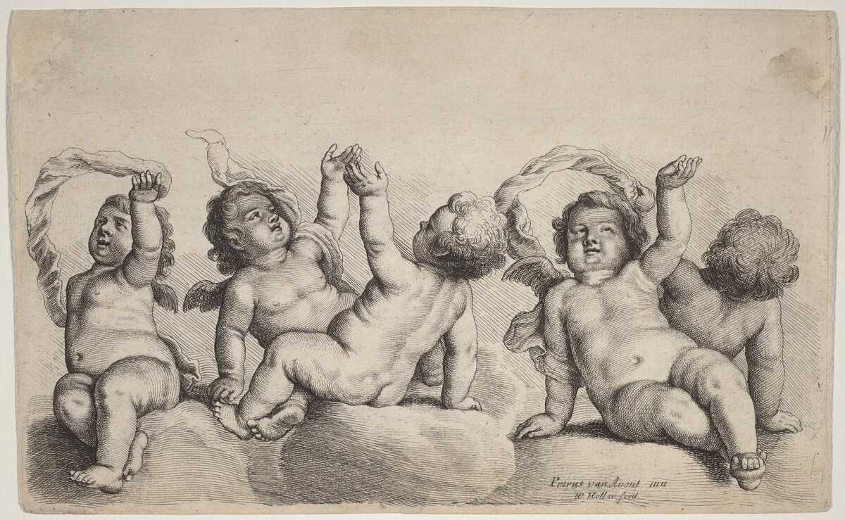 Three Cherubs and Two Boys Each Raising One Arm on Clouds by Wenceslaus Hollar, after Peeter van Avont