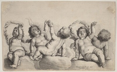 Three Cherubs and Two Boys Each Raising One Arm on Clouds