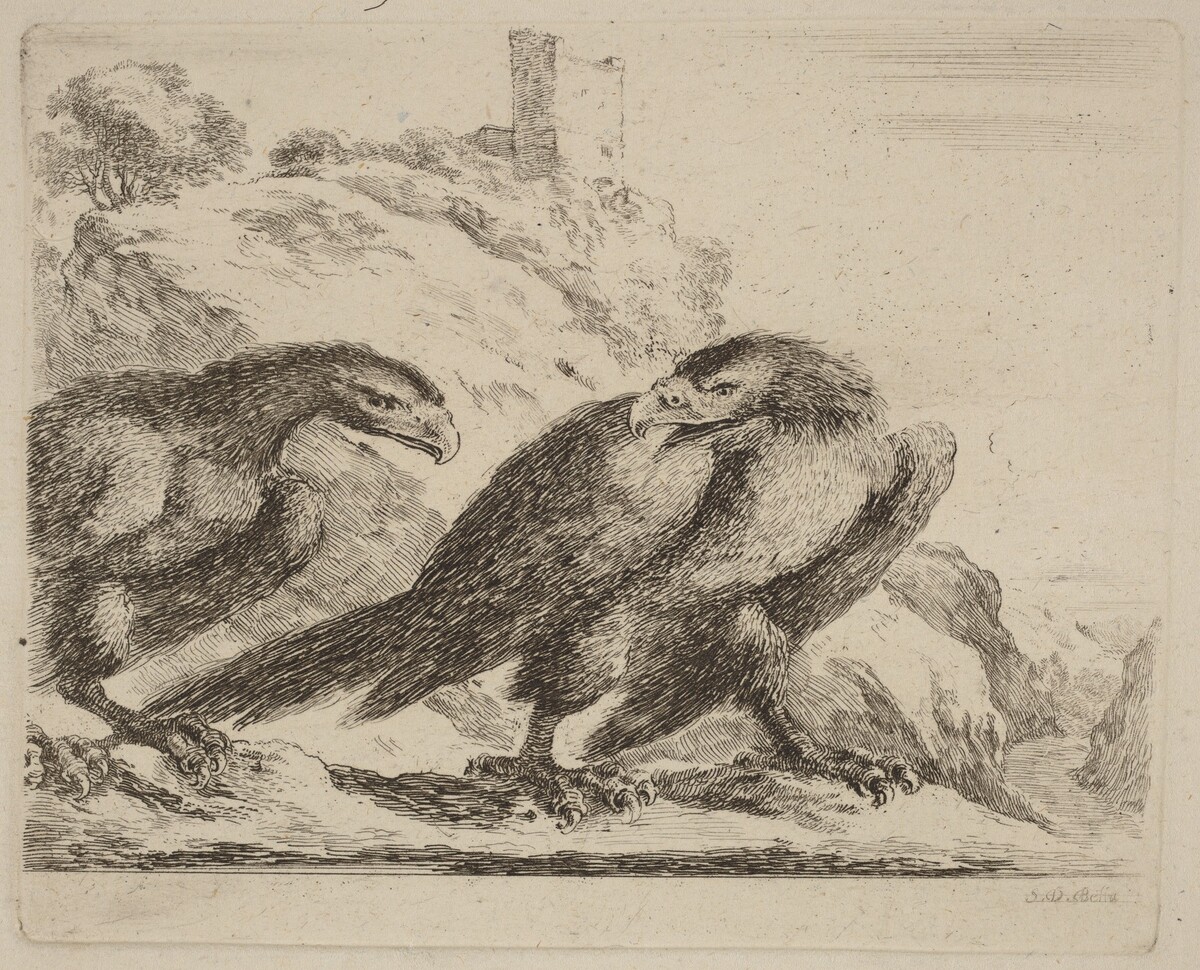 Two Eagles with Tower in Background by Stefano Della Bella