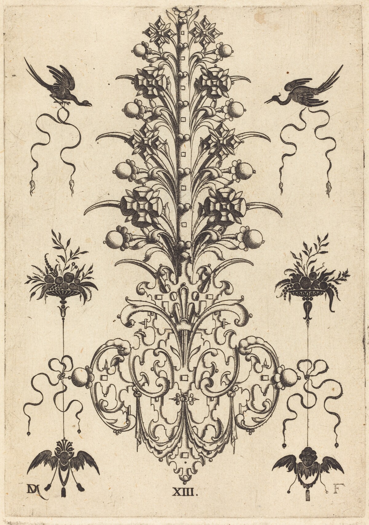 Hyacinth-Shaped Brooch with Birds at Top and Devil's- and Angel's-Head at Bottom by Daniel Mignot