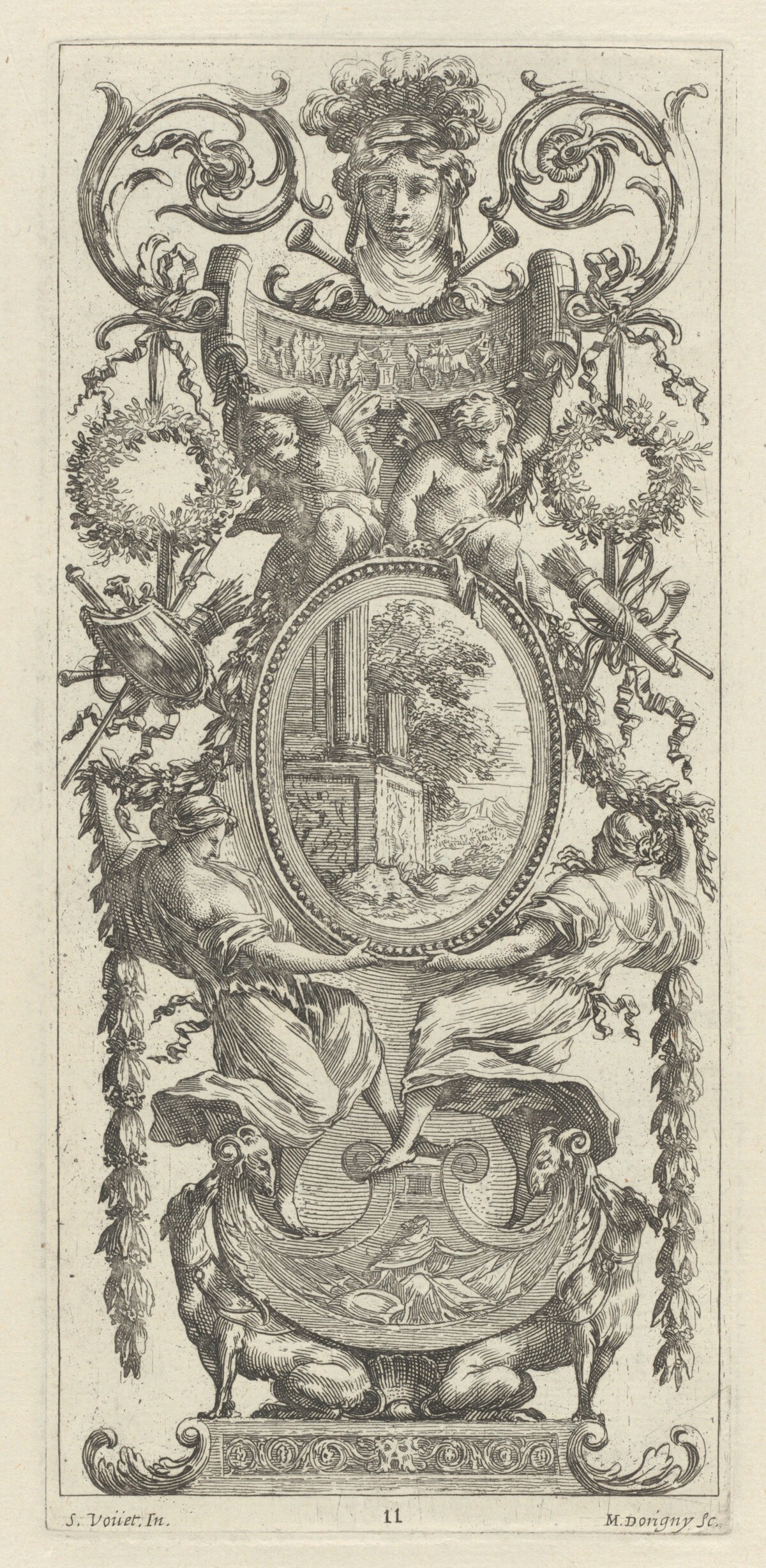 Ornamental Panel Surmounted with a Head Flanked by Foliage by Michel Dorigny, after Simon Vouet