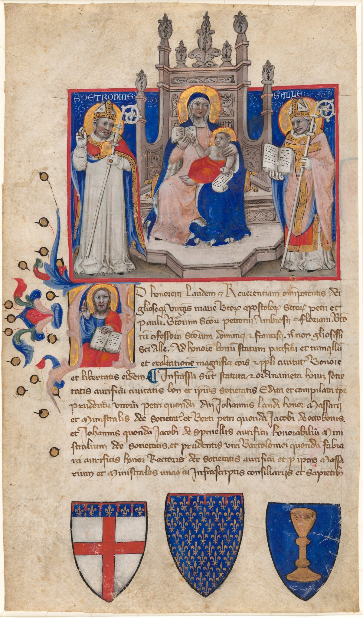 Madonna and Child Enthroned between Saints Petronius and Alle (Eligius); Christ in the Initial A by Nicolo da Bologna