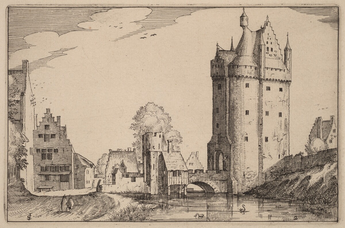 Town Gate by Claes Jansz Visscher after Johannes van Doetechum, the Elder after Lucas van Doetechum after Master of the Small Landscapes