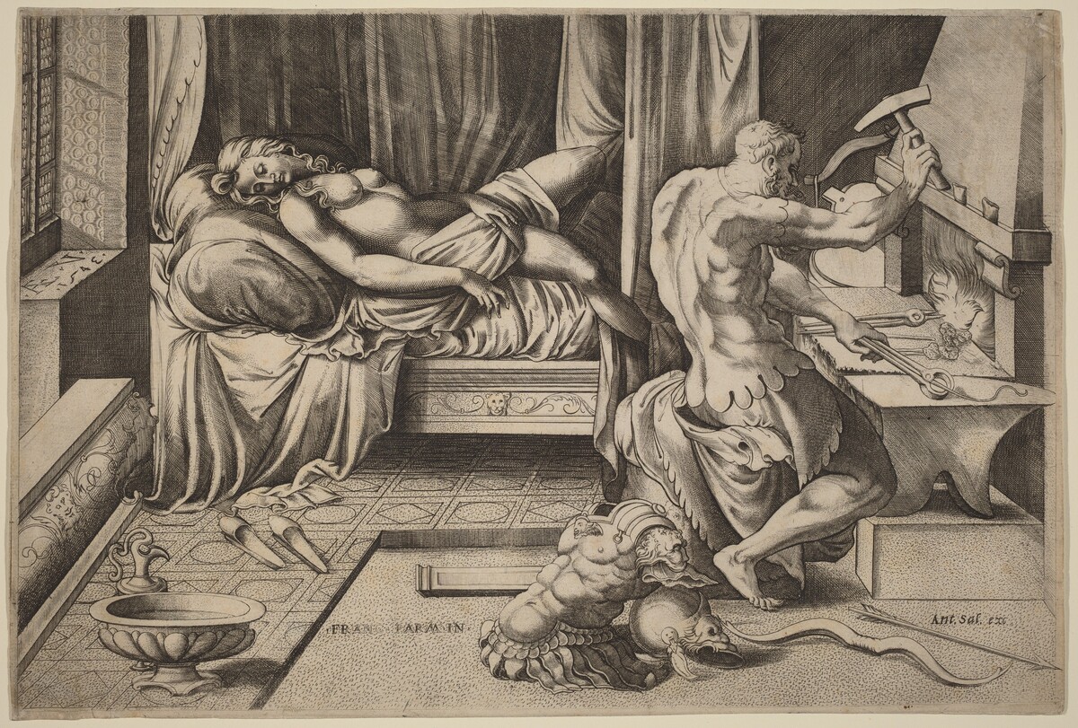 Venus Reclining with Vulcan at His Forge by Enea Vico after Parmigianino