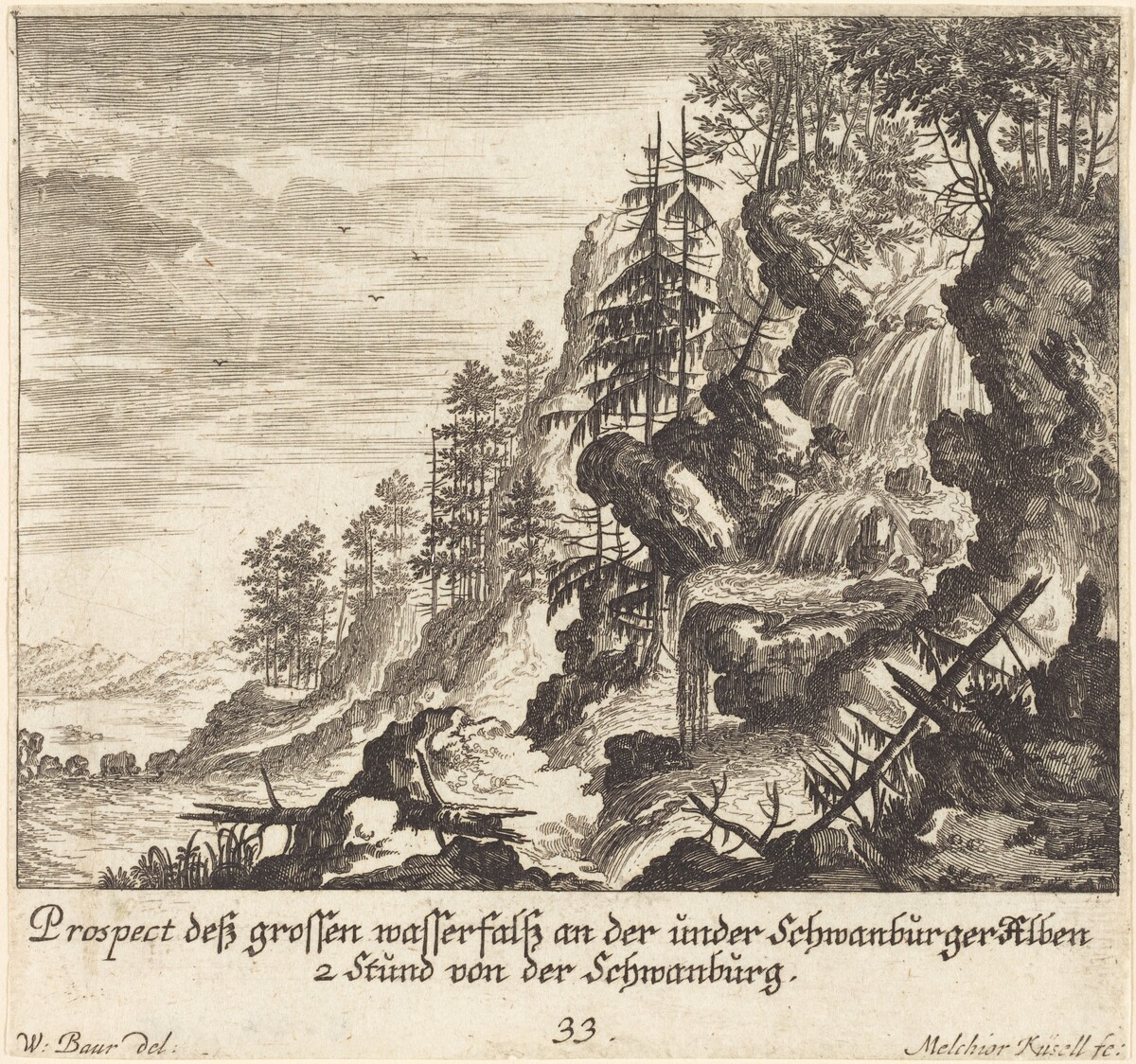 Large Waterfall, Schwanburg by Melchior Küsel after Johann Wilhelm Baur