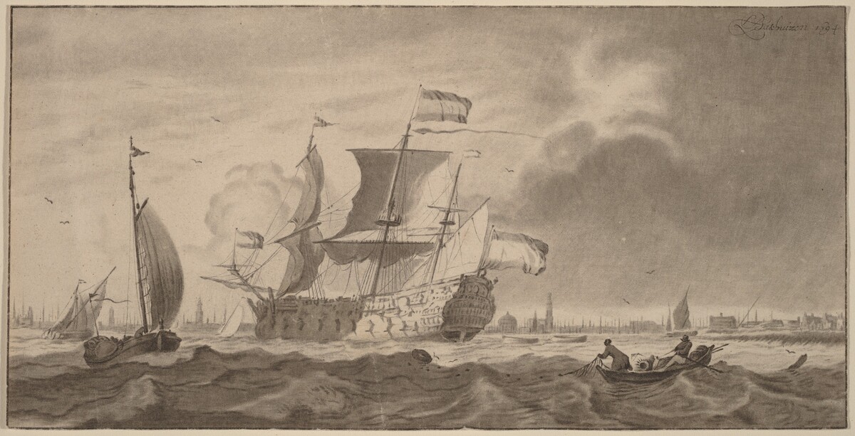War Vessel in the Y by Cornelis Ploos van Amstel and Bernhard Schreuder, after Ludolf Backhuysen