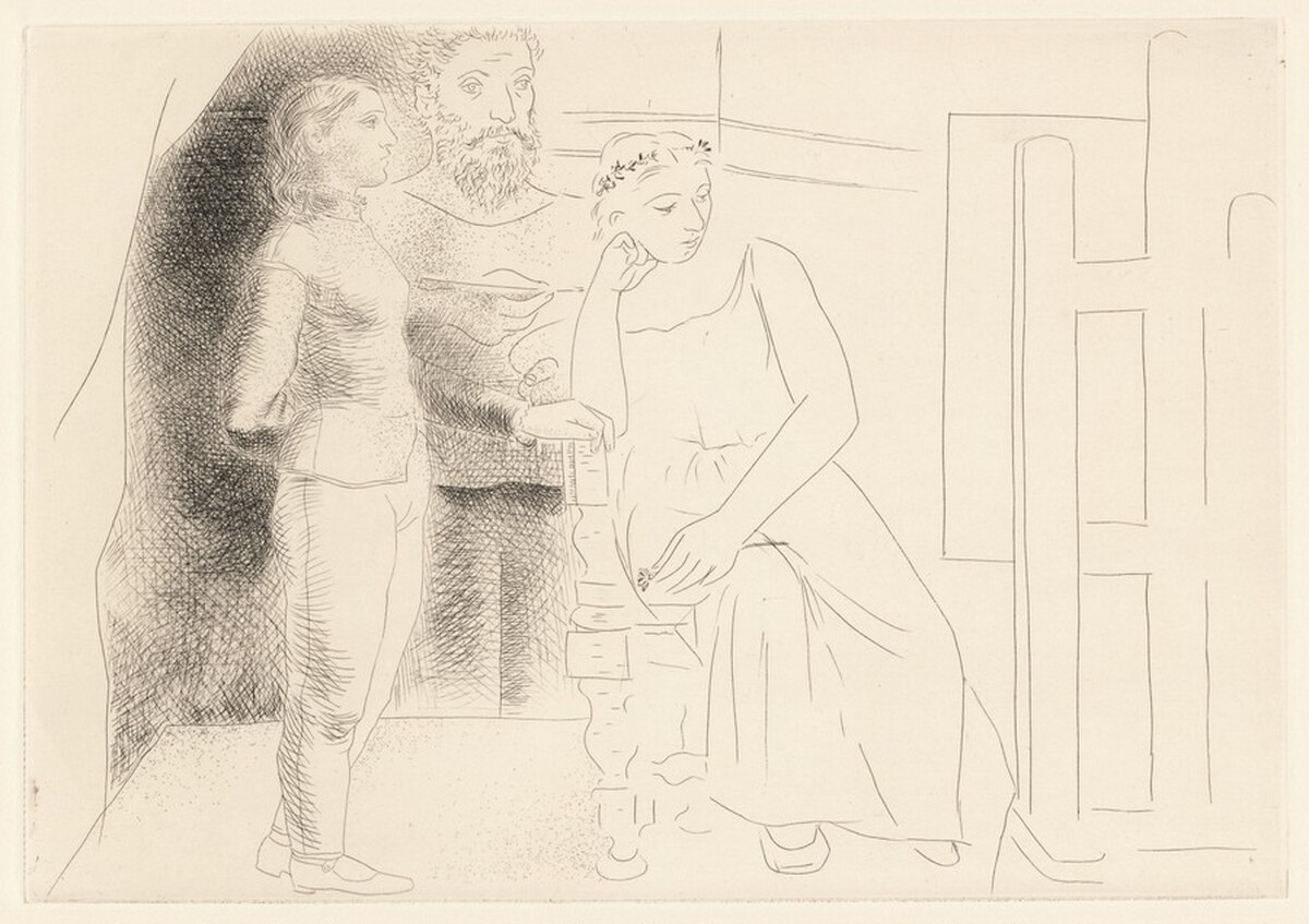 Peintre avec deux modèles regardant une toile (Painter with Two Models Looking at a Canvas) by Pablo Picasso, Honoré de Balzac (author)
