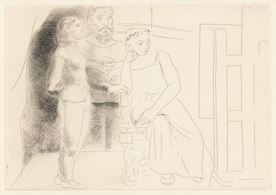 Peintre avec deux modèles regardant une toile (Painter with Two Models Looking at a Canvas)