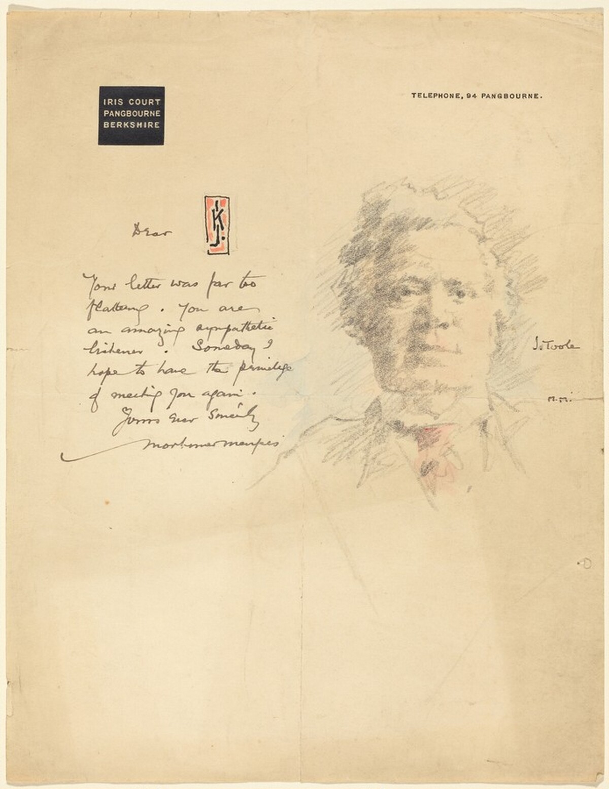A Letter From Iris Court with a Portrait of John L. Toole by Mortimer Menpes