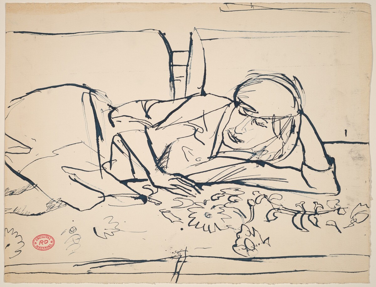 Untitled [reclining woman resting on a floral spread] by Richard Diebenkorn